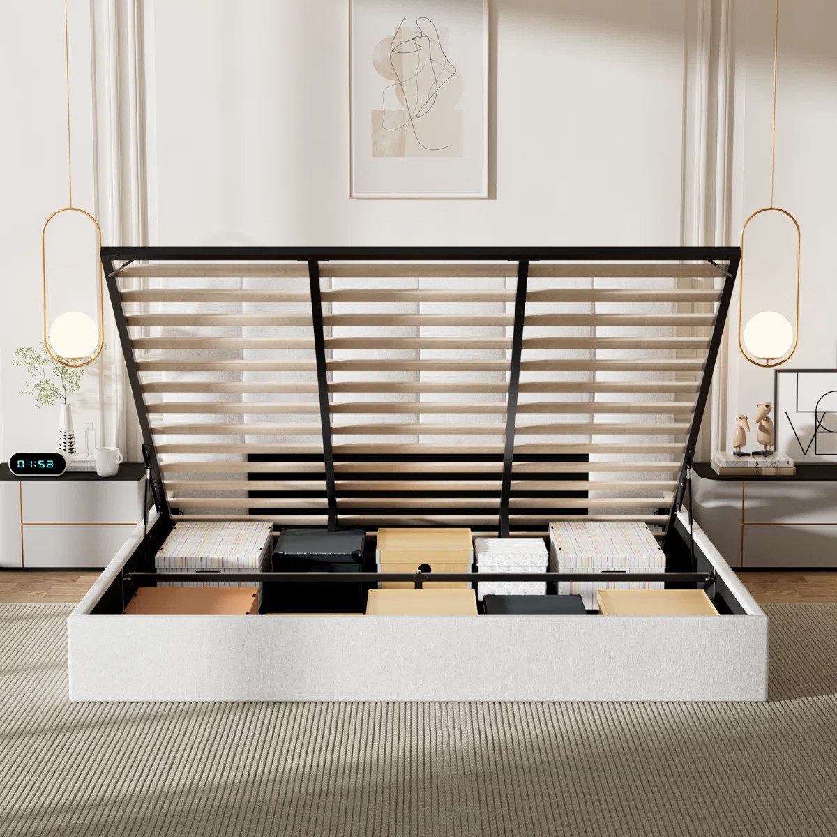 Upholstered Tufted Linen Platform Bed With Lift-Up Storage And Reinforced Slat Support | Wayfair North America