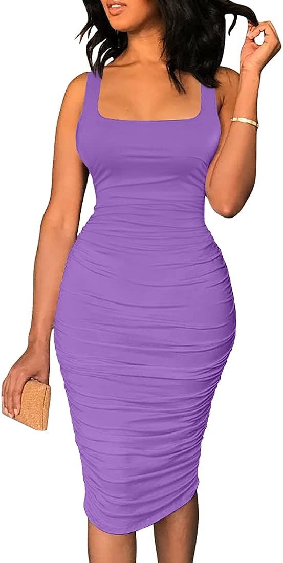 BEAGIMEG Women's Sexy Tank Top Bodycon Ruched Sleeveless Basic Midi Party Dress | Amazon (US)