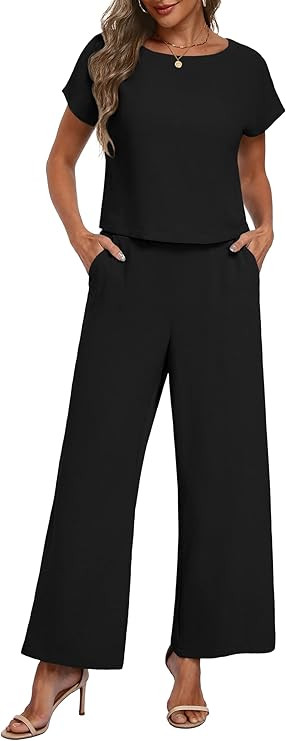 Lepunuo 2 Piece Sets for Women Summer Wide Leg Pants Matching Lounge Set | Cap Sleeve Crop Top,Tr... | Amazon (US)
