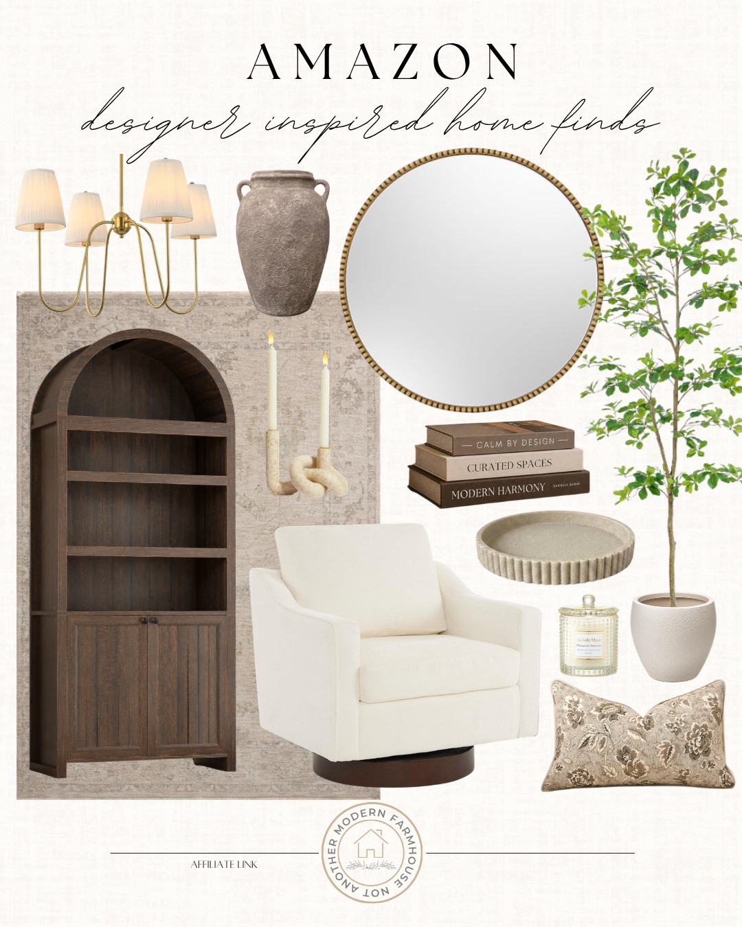Amazon designer inspired finds include area rug, chandelier, vase, mirror, faux tree, decorative books, tray, decorative pillow, candle, accent chair, arched bookcase, and candle stick holders.

Home decor, looks for less, neutral home decor

#LTKHome #LTKSeasonal #LTKSaleAlert
