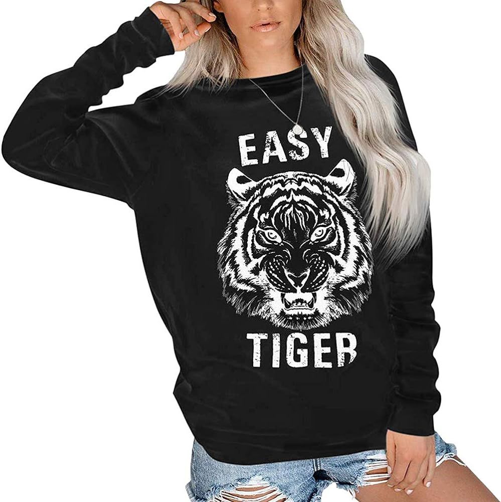 SLEITY Women Easy Tiger Sweatshirt Tiger Face Graphic Casual Fashion Pullover Sweatshirt Tops | Amazon (US)