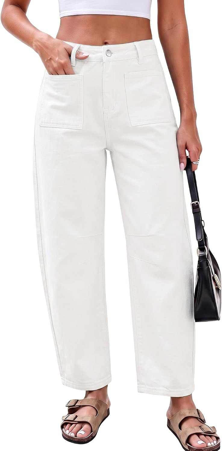 GRAPENT Barrel Jeans for Women Trendy Cropped High Waisted Patch Pocket Baggy Stretch Denim Pants Casual Wide Leg Jeans | Amazon (US)