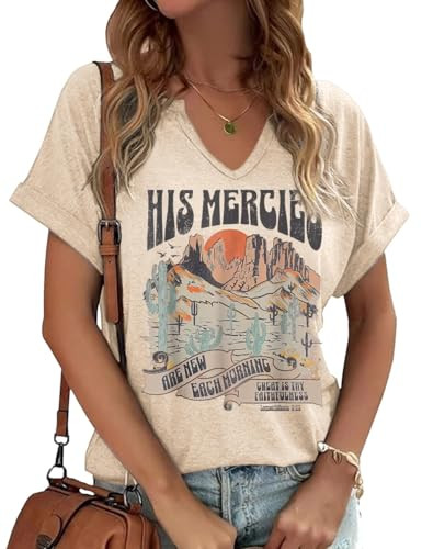Women's Christian His Mercies V Neck Shirt are New Each Morning Great is Thy Faithfulness Short Sleeve Funny Natural Sun Graphic Tee(L,L-Apricot) | Amazon (US)