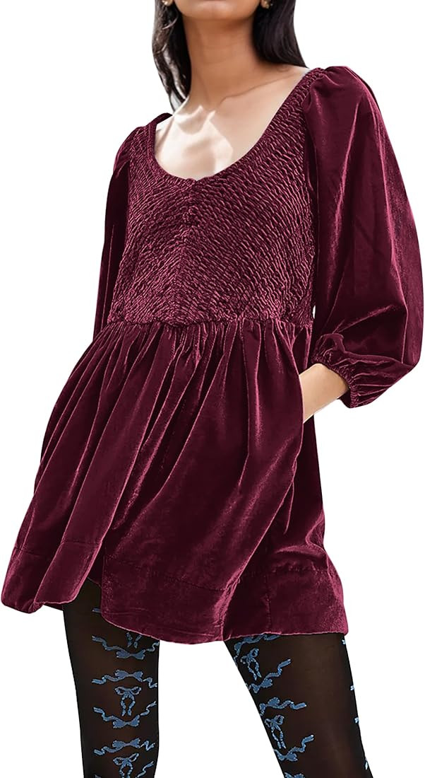 MISSACTIVER Women's Velvet Balloon Sleeve Babydoll Dress Scoop Neck Smocked Drop Waist Short Dres... | Amazon (US)
