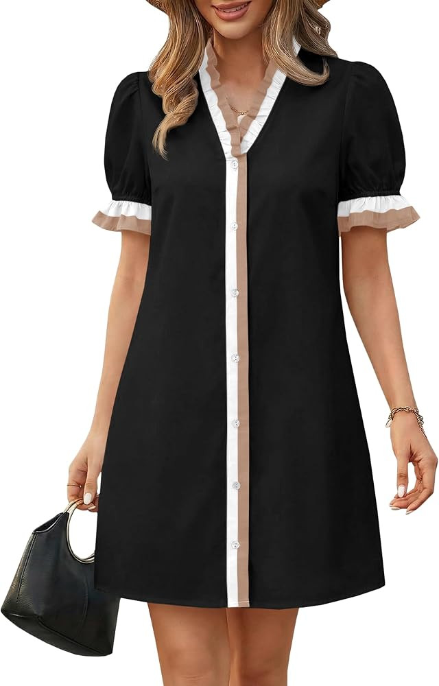 Wenrine Womens Summer Mini Dresses Casual Floral Puff Short Sleeve V Neck Button Down Ruffle Beac... | Amazon (US)