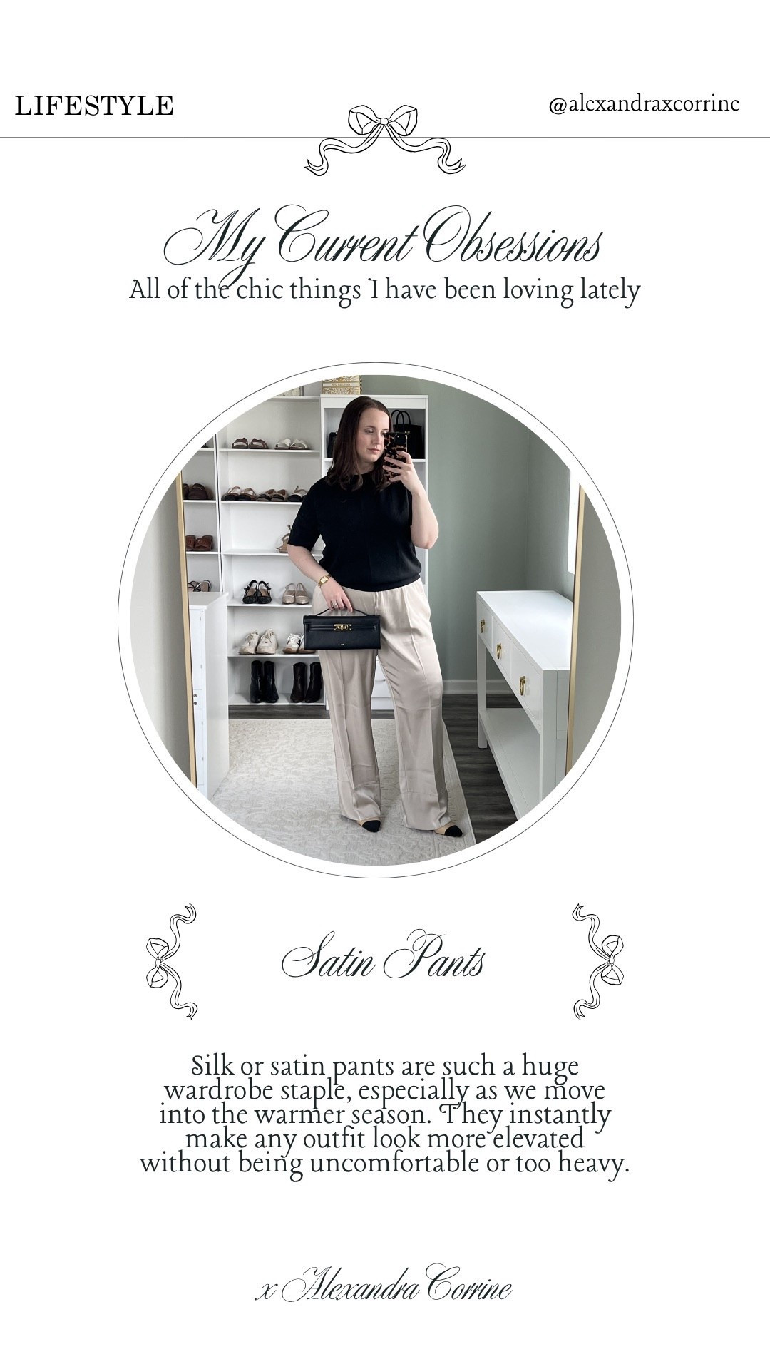 My current obsessions 🤍 all of the chic things I’ve been loving lately 🦢

Things I find incredibly chic, spring aesthetic, chic elegant style, luxury lifestyle aesthetic, April favorites, satin pants, silk pantss

#LTKSeasonal #LTKootd