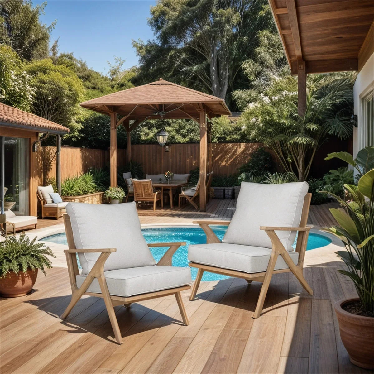 Patio Furniture Chairs,Outdoor Acacia Wood Sofa Set w/Soft Seat,2 PCS | Bed Bath & Beyond