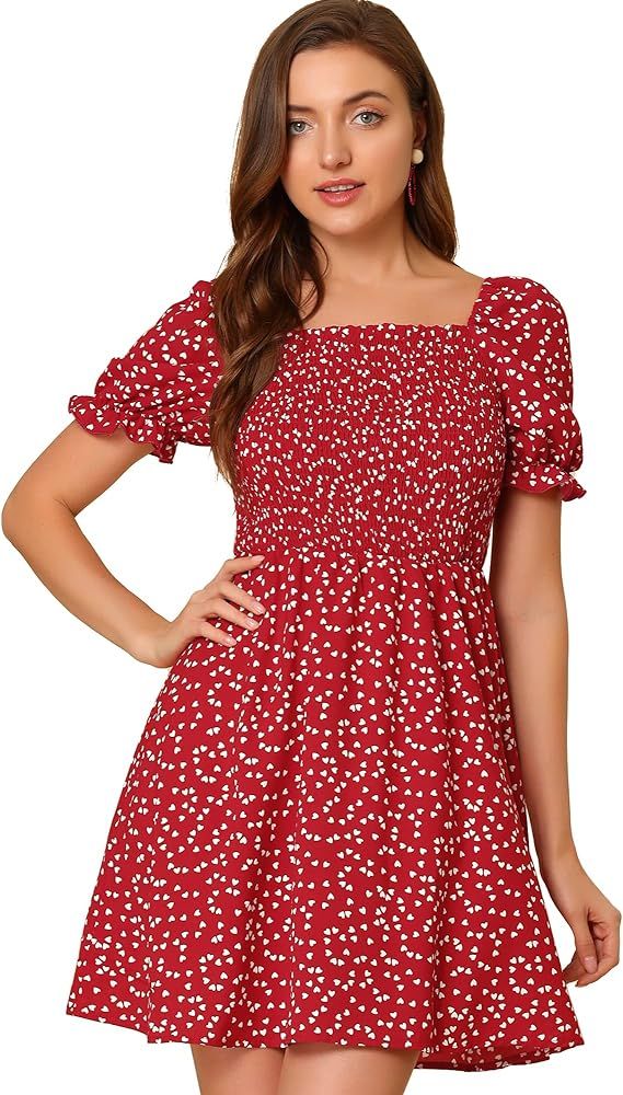 Allegra K Heart Print Dresses for Women's Square Neck Off Shoulder A-Line Smocked Short Dress | Amazon (US)
