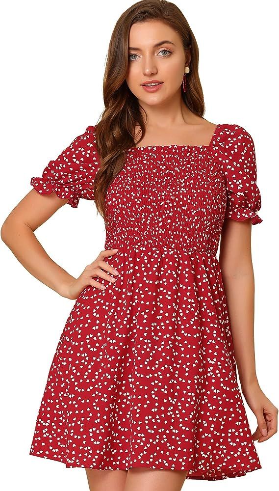 Allegra K Heart Print Dresses for Women's Square Neck Off Shoulder A-Line Smocked Short Dress | Amazon (US)
