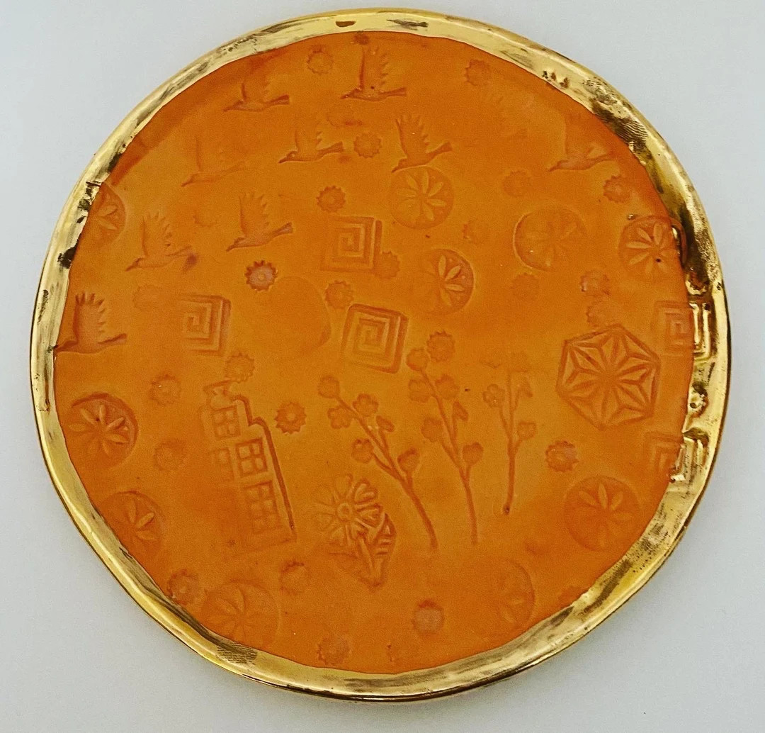 Orange handmade slabbuilt side plate with gold lustre | Etsy (UK)