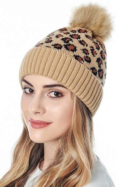 Womens Winter Knitted Beanie Hat Leopard Print Warm Hats for Girls | Amazon (US)