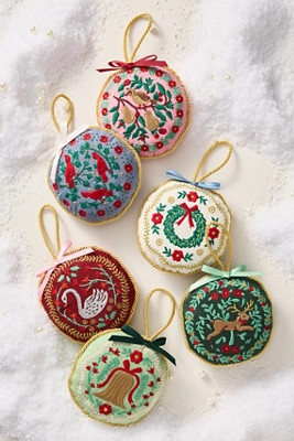 Embroidered Holiday Ornaments, Set of 6 | Anthropologie (US)