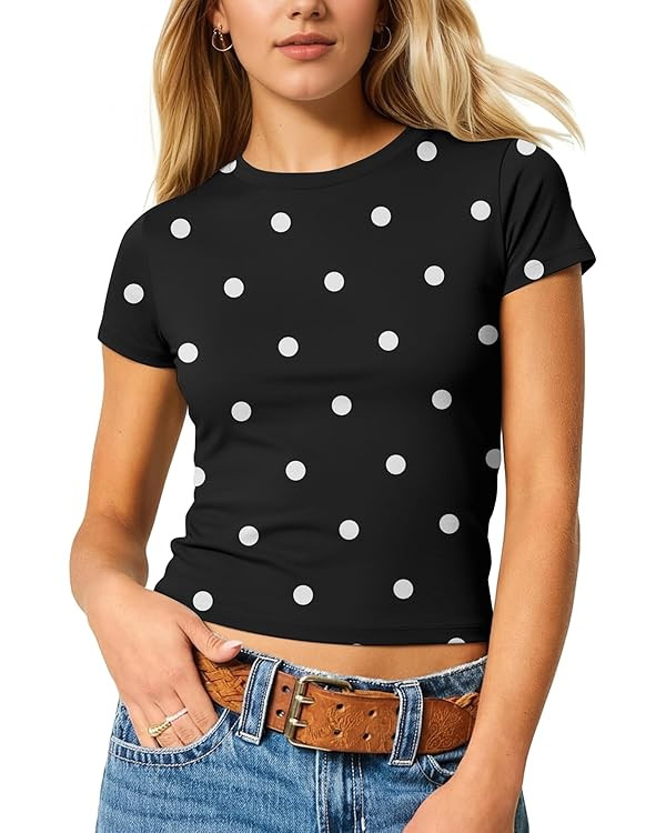 Lauweion Women's Polka Dot Crop Top Graphic Print Short Sleeve Crewneck Summer Baby Tee Polka Dot... | Amazon (US)