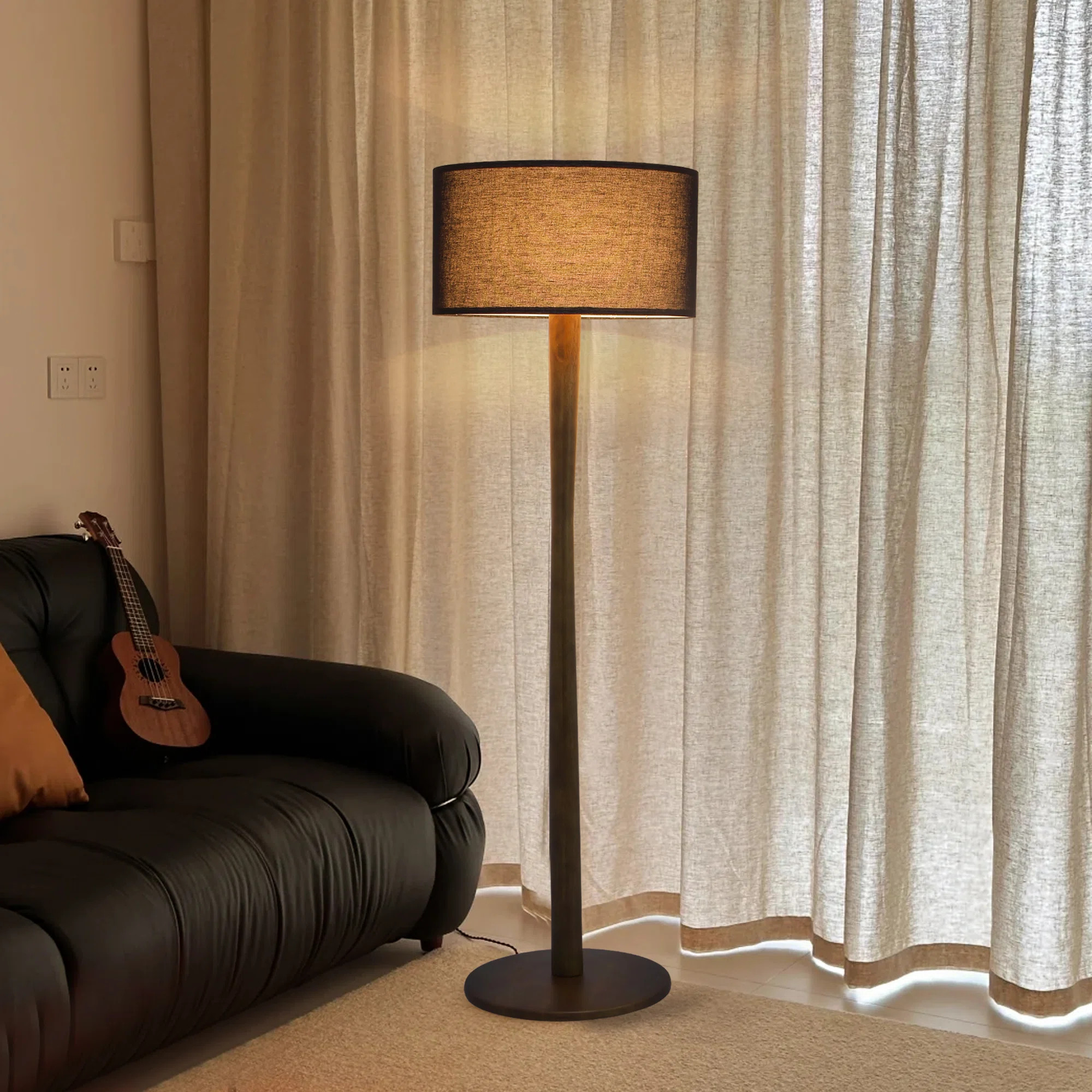 61'' Modern Walnut Wood Column Floor Lamp with Black Linen Drum Shade, Minimalist Standing Lamp f... | Wayfair North America