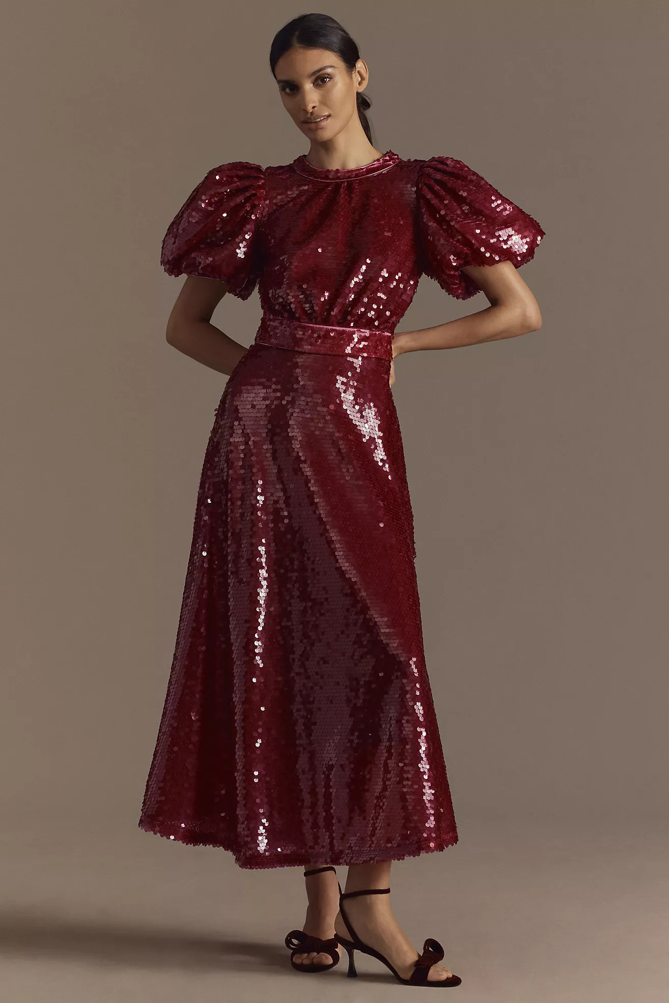 Celia B Seraph Puff-Sleeve Sequin Midi Dress | Anthropologie (US)