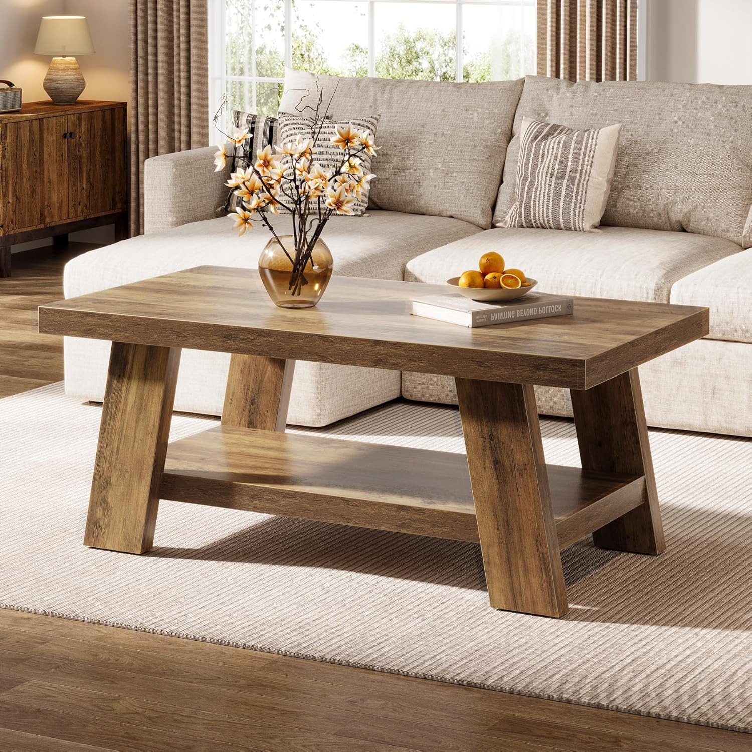 Tribesigns 47 inches Farmhouse Coffee Table with Storage Shelf Rustic Wooden Center Table for Living Room 2 Tiers Rectangle Coffee Table for | Lowe's