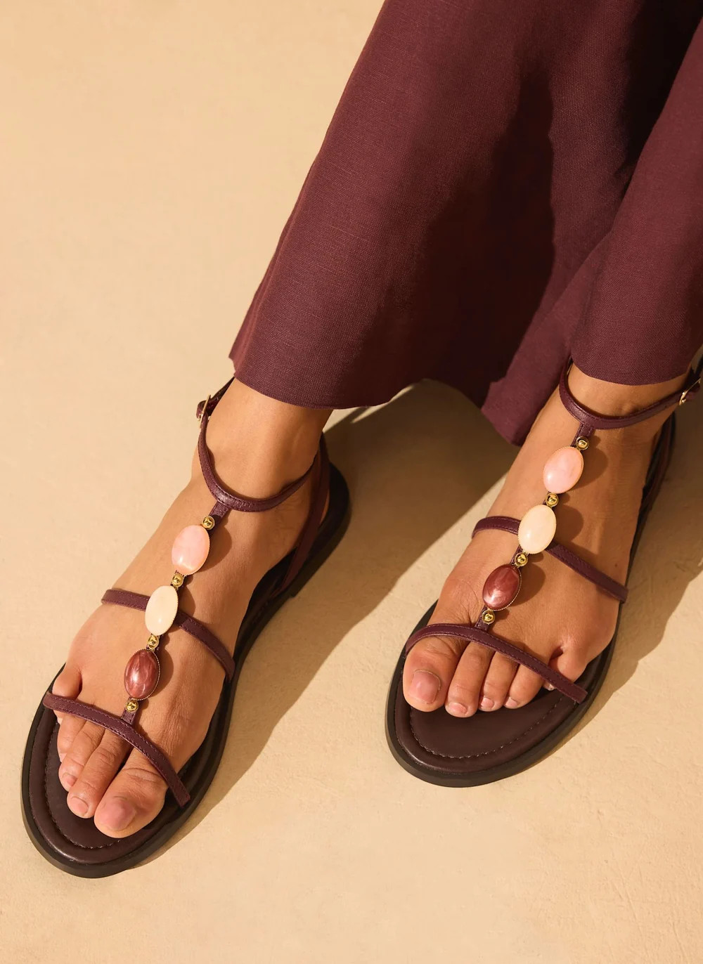 Hana Burgundy Leather Strappy Sandals | Mint Velvet