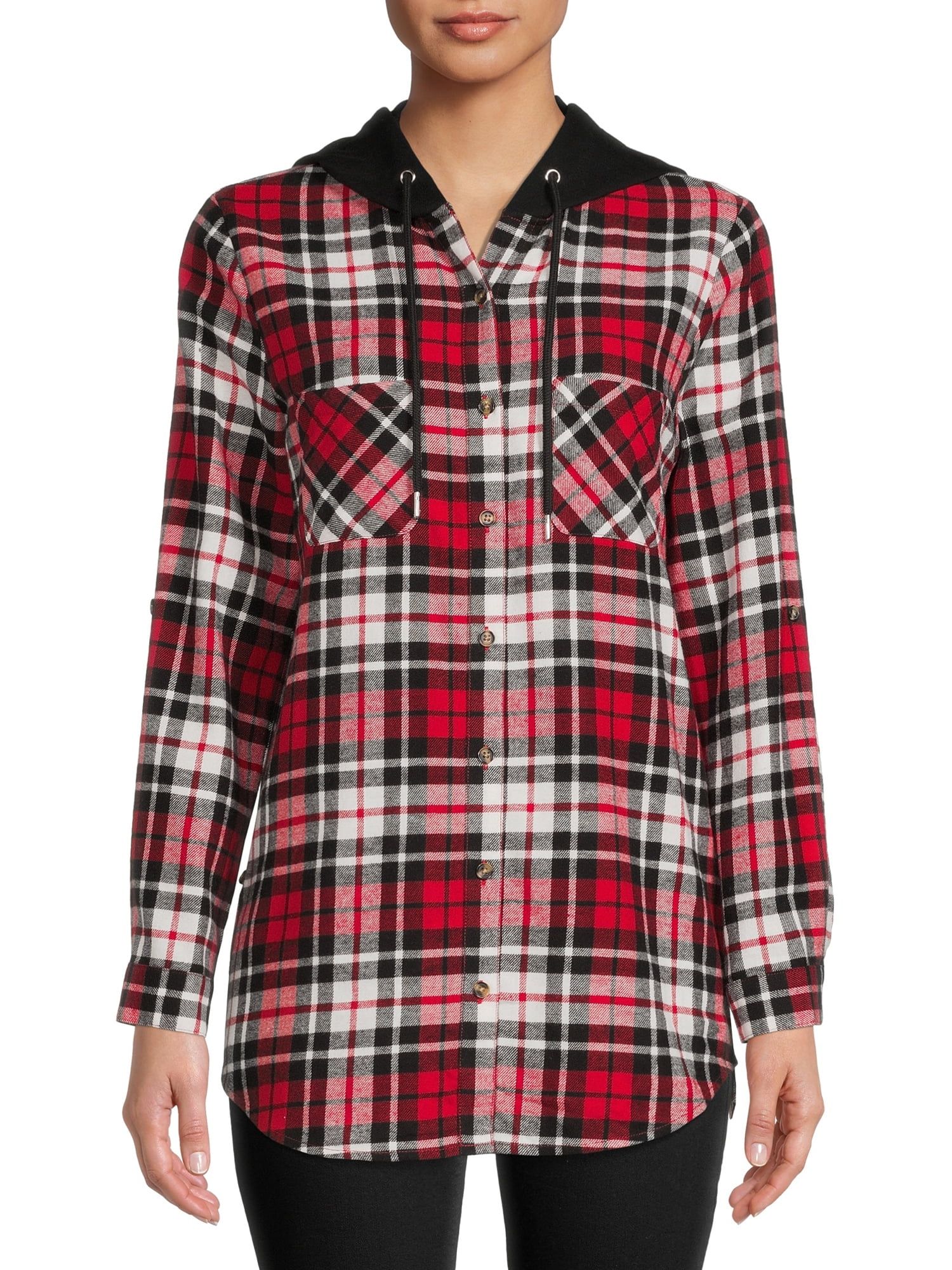 No Boundaries Juniors' Hooded Plaid Flannel Shirt - Walmart.com | Walmart (US)