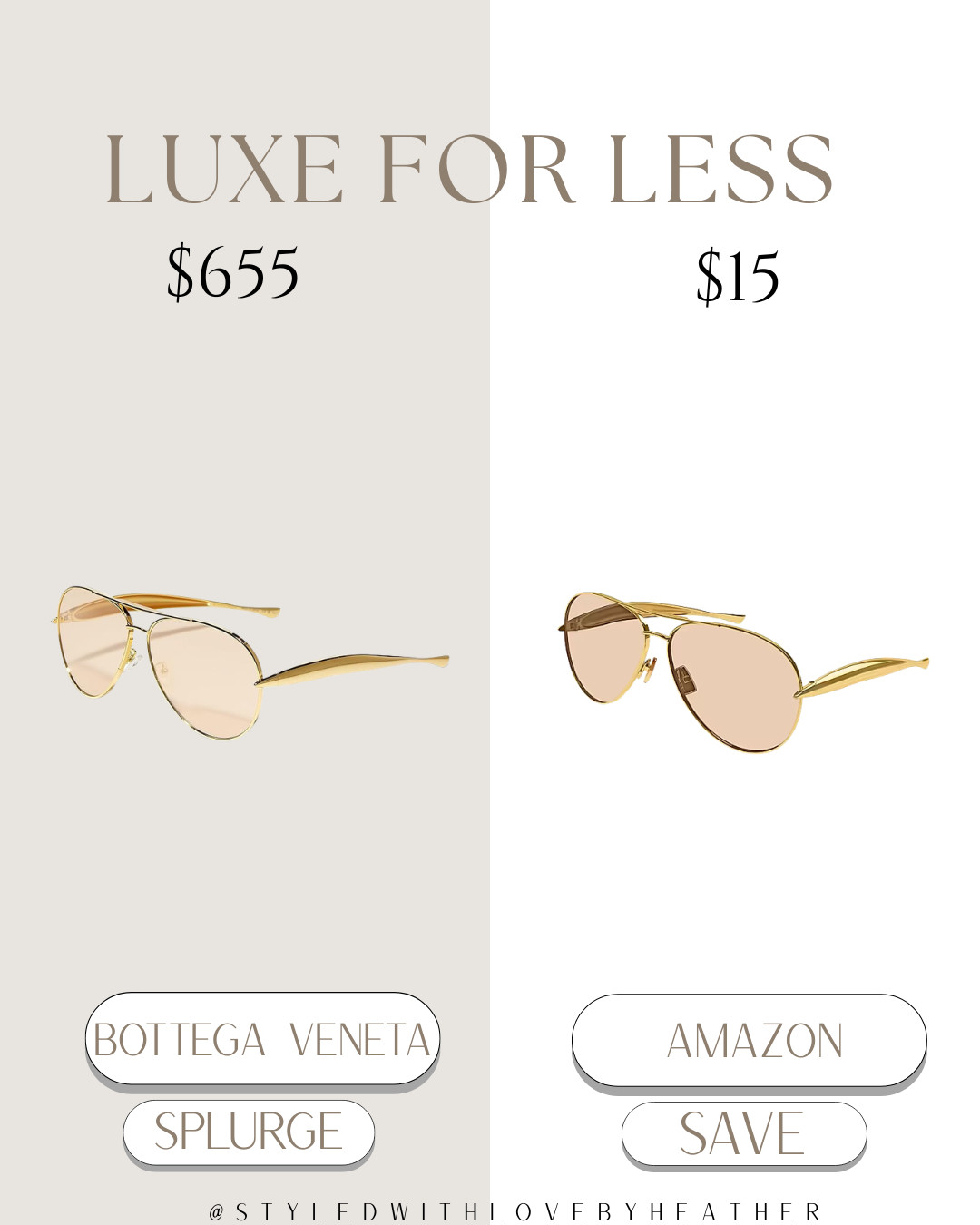 ✨ Luxe for Less: Gold Aviator Bottega Veneta Inspired Sunglasses ✨

Love the minimal designer aviator look but not the $600+ price tag? This Amazon affordable pair gives the same chic, clean-girl vibe — lightweight, flattering, and instantly polishes any outfit.

Everyday sunglasses you can throw on with basics, athleisure, or dressy looks.
Shop the splurge vs save on my LTK 🤍 

 #LTKootd #LTKstorytime #LTKSaleAlert