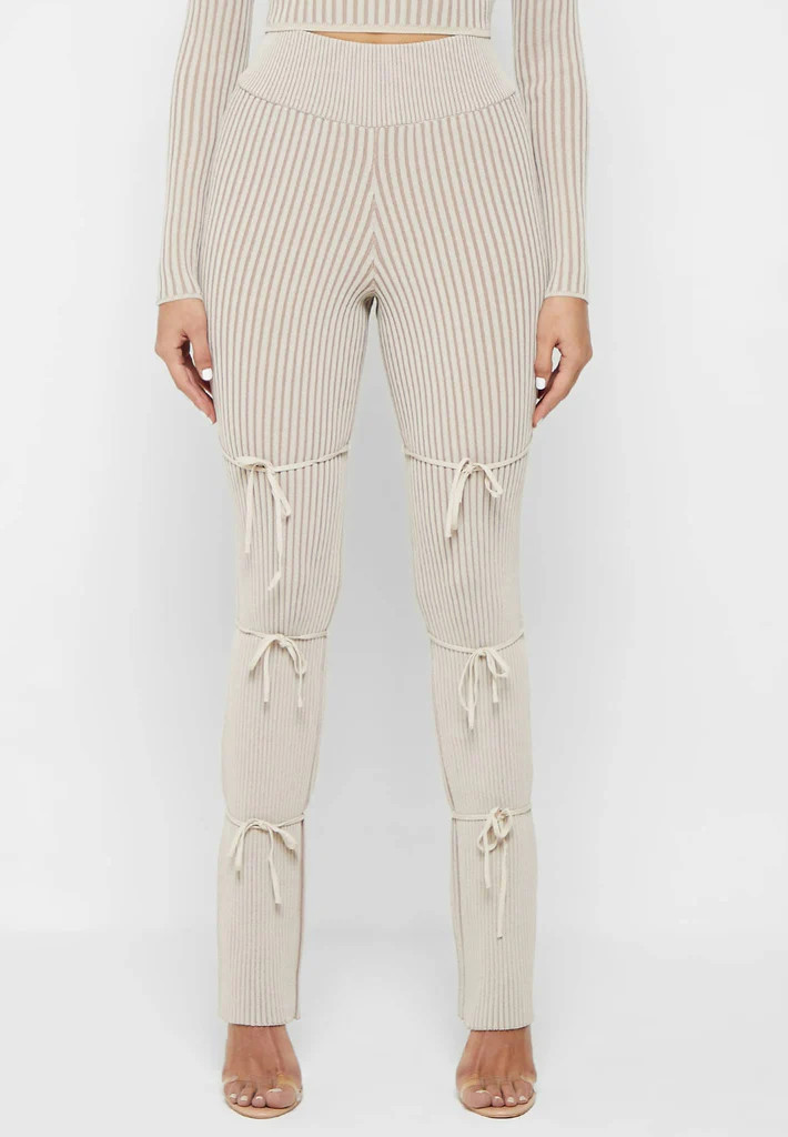 Knitted Two Tone Trousers with Ties - Beige | Maniere De Voir