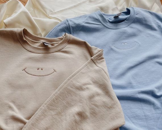 Smiley Face Embroidered Sweatshirt - Etsy | Etsy (US)