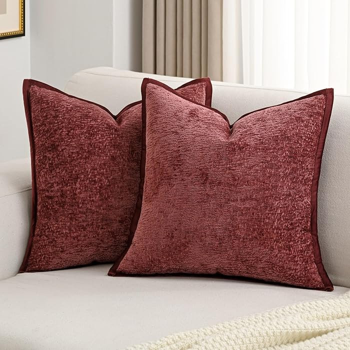 FUTEI Burgundy Chenille Throw Pillow Covers 20x20 Inch Set of 2,Soft Cozy Bound Edge Design Cushi... | Amazon (US)