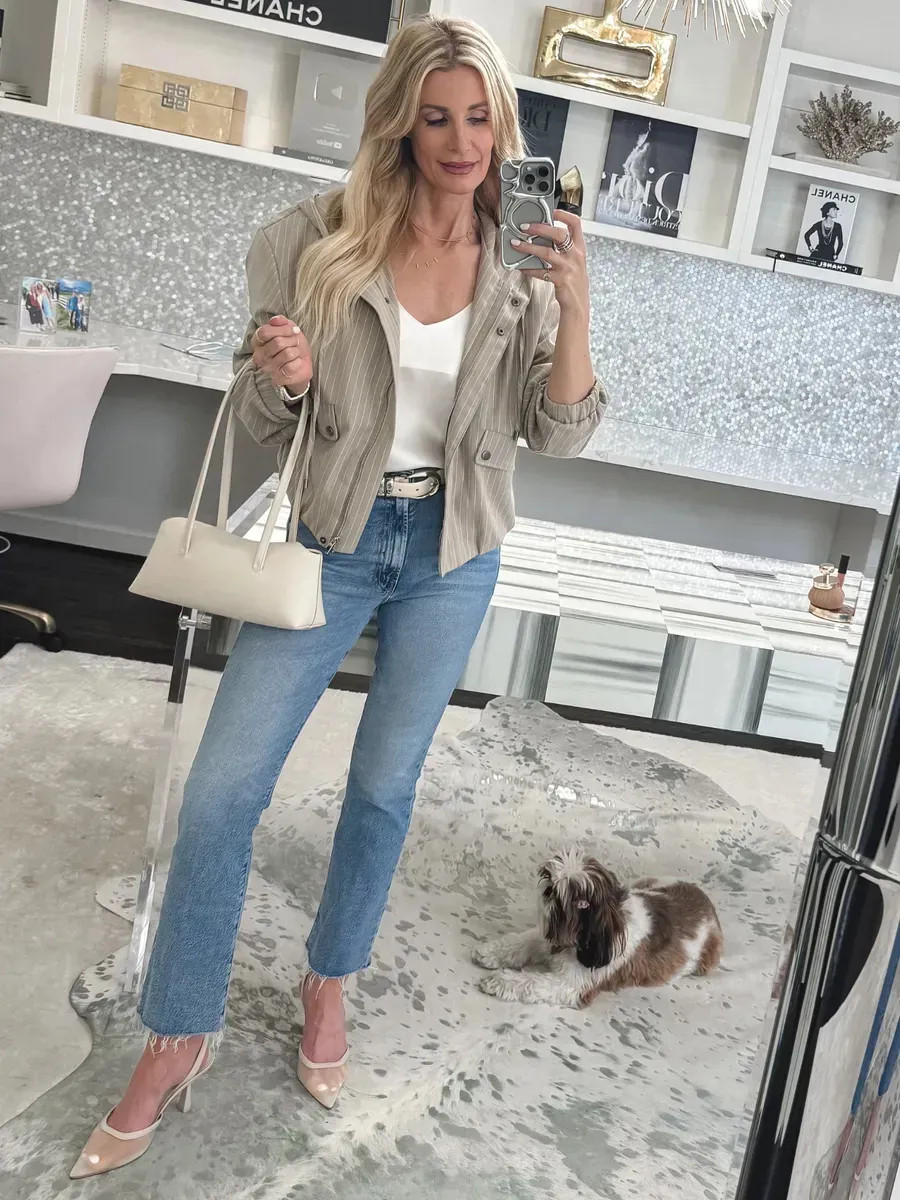 The best casual-chic summer outfit 🤍 This lightweight pinstripe jacket is now on sale (40% off!) and instantly elevates a simple cami and denim, and these MOTHER Hustler ankle jeans give you legs for days ✨ I’m wearing an XS in the jacket and a 24 in the jeans, both fit TTS  

 

#LTKootd #LTKSeasonal #LTKOver40