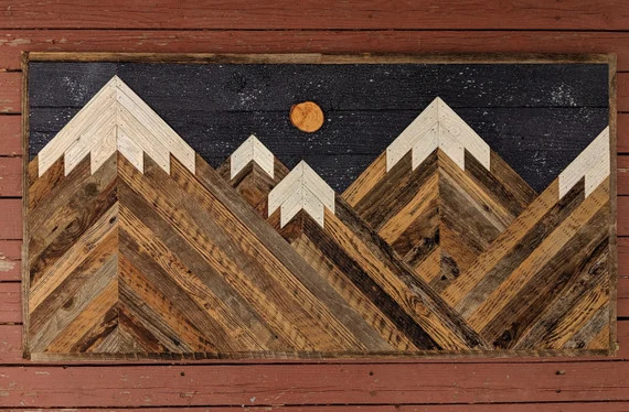 Rustic Mountain Wood Wall Art Asymmetrical With Night Sky - Etsy | Etsy (US)