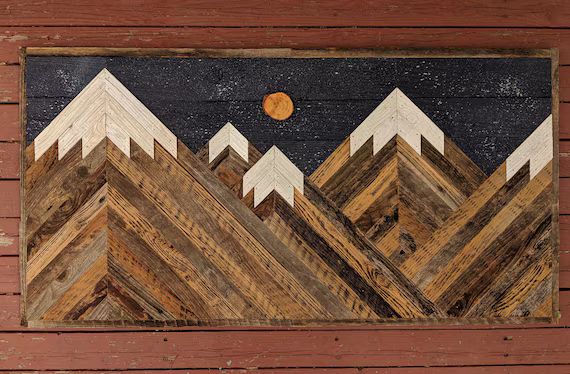 Rustic Mountain Wood Wall Art Asymmetrical With Night Sky - Etsy | Etsy (US)
