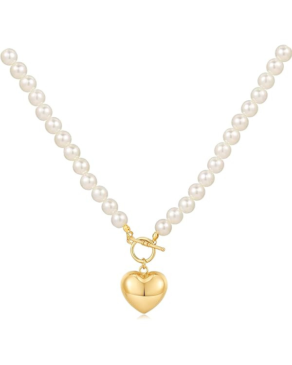 MUYAN Heart Pendant Pearl Necklaces for Women Love Toggle Clasp Necklace Valentine's Day Jewelry | Amazon (US)