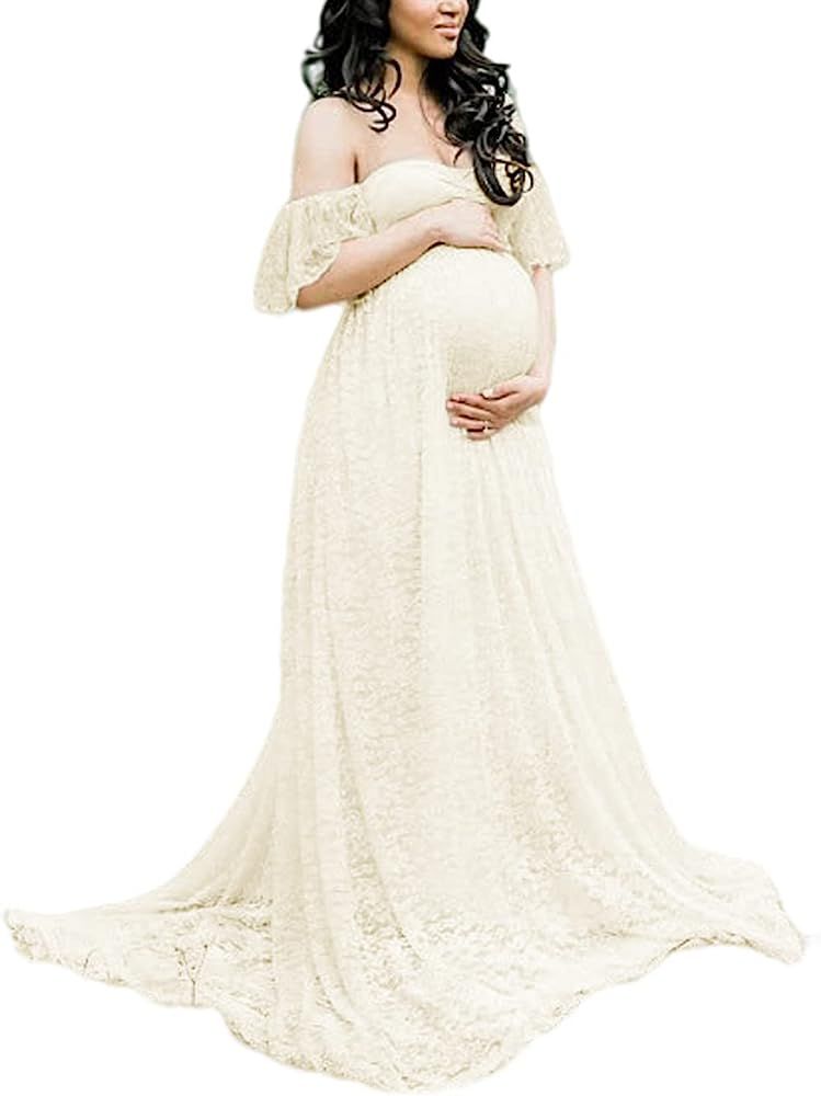 ZIUMUDY Photography Maternity Dress Off Shoulder Lace Baby Shower Pregnant Wedding Dress | Amazon (US)