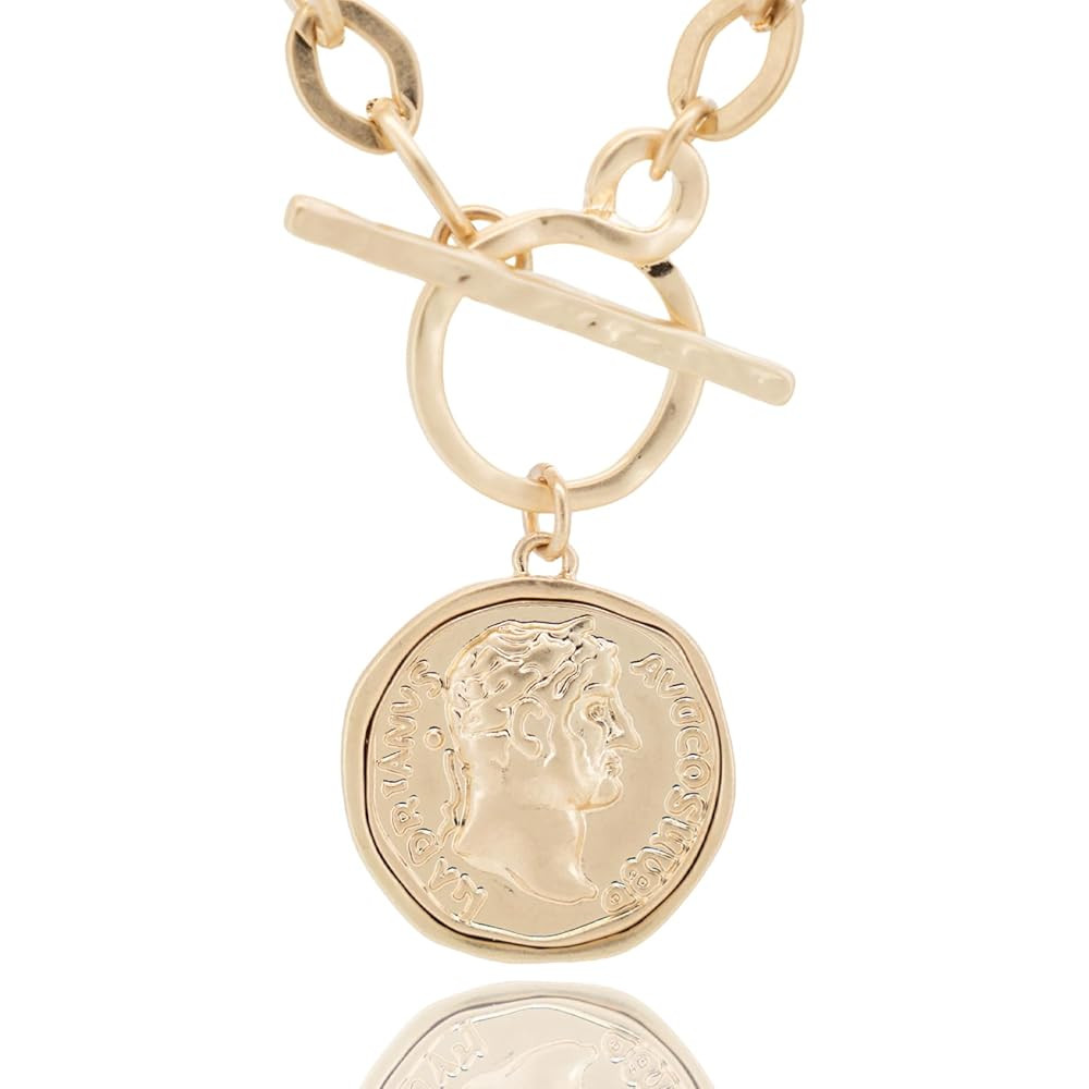 Chunky Coin Antique Gold Plated Thick Link Chain Layered Pendant Necklace for Women 18 Inch Trend... | Amazon (US)