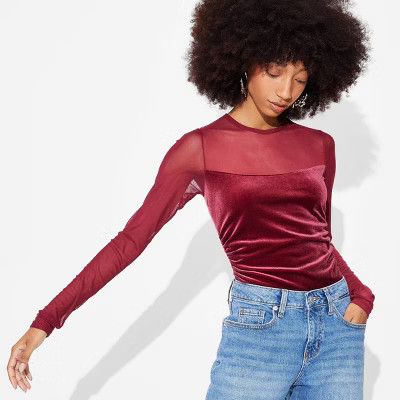 Women's Long Sleeve Mesh to Velour Party Top - Wild Fable™ Cherry Red M | Target