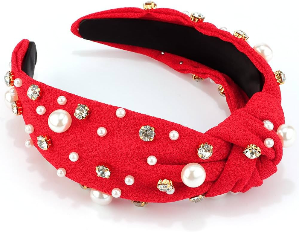 AHONEY Pearl Headband Red Knotted Headband for Women Girls, Rhinestone Top Knot Crystal Headband ... | Amazon (US)