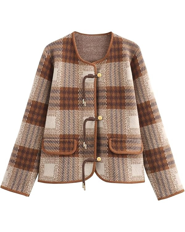 HOULENGS Women's Vintage Button Down Cardigan Sweater Plaid Print Long Sleeve Knit Coat with Pock... | Amazon (US)