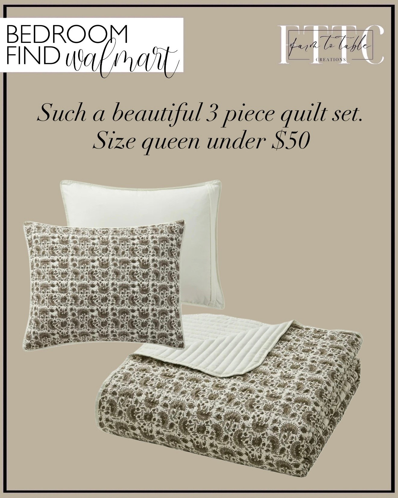 Beautiful Neutral Quilt Set Find | Walmart Bedroom Refresh

Follow @farmtotablecreations on Instagram for more home finds and styling ideas.

This 3-piece quilt set is such a beautiful, budget-friendly bedroom refresh. The neutral pattern layers effortlessly with winter whites, warm taupes, and all your cozy textures. And the best part? The queen size is under $50 — a perfect way to update your space without spending much.

#bedroomdecor #quiltset #walmartfinds #walmartbedroom #neutralhome #cozyhome #homefinds #bedroominspo #winterdecor #homeaccents #affordabledecor #beddingideas #bedroomrefresh #ltkhome #ltkfinds #ltkwalmart #walmartdeals #neutralbedding #cozybedding #pillows #homestyling #bedroomfurniture

#LTKHome #LTKFindsUnder50