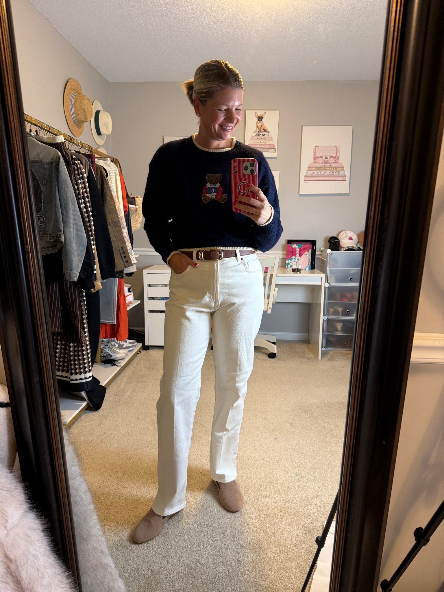 Navy sweater with bear, Ralph Lauren look a like, TTS
High rise straight leg white jeans TTs

#LTKootd #LTKWorkwear #LTKMidsize