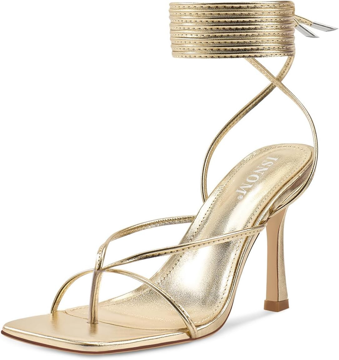 ISNOM Lace Up Heels Sandals for Women - Square Open Toe, Stiletto High Heel | Amazon (US)