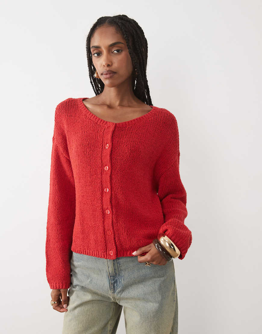 Abercrombie & Fitch button-up lightweight knit micro cardigan in red | ASOS (Global)
