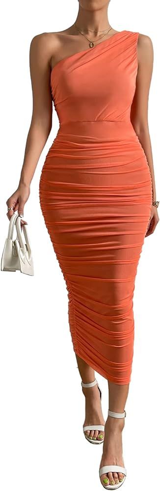 Women's Sexy One Shoulder Sleeveless Mesh Ruched Cocktail Party Midi Bodycon Dress | Amazon (US)