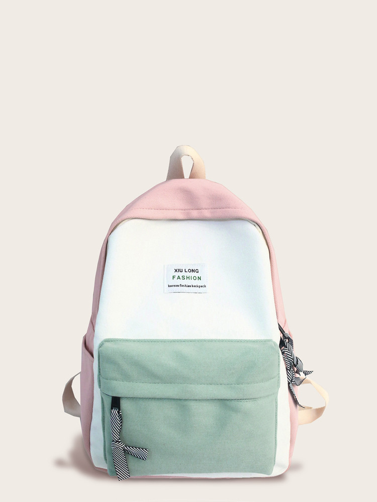 Color Block Slogan Patch Decor Backpack | SHEIN
