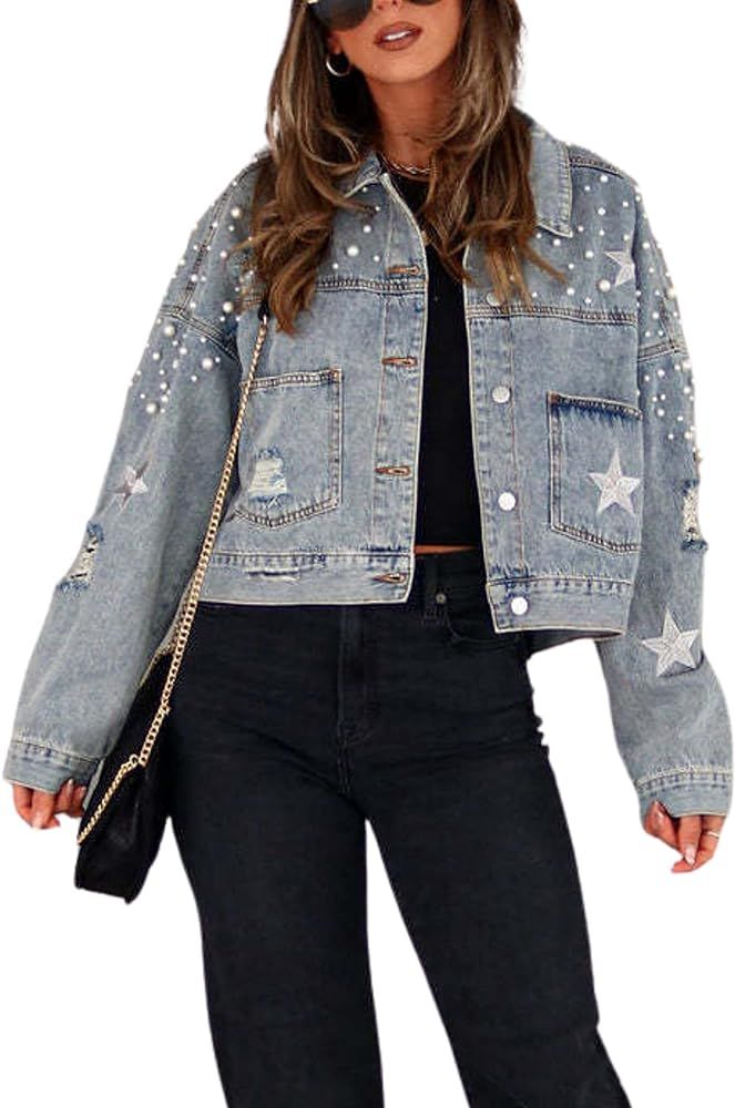 Esmeling Womens Cropped Pearls Beading Jean Jacket Ripped Star Embroidered Denim Jacket Coat | Amazon (US)