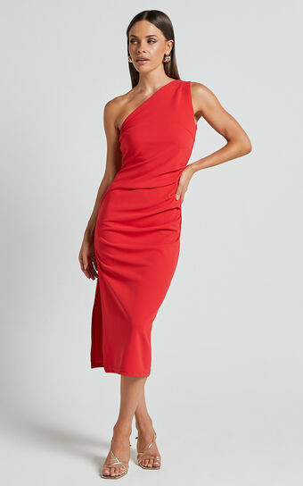 Monette Midi Dress - One Shoulder Straight Dress in Orange Red | Showpo (US, UK & Europe)