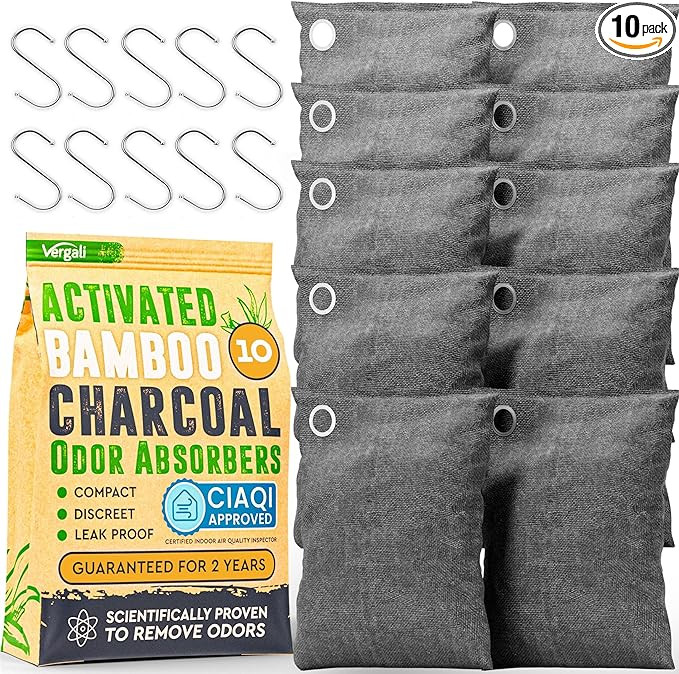 Activated Charcoal Odor Absorber 10x3.5oz w Hooks. Nature Fresh Bamboo Charcoal Air Purifying Bag... | Amazon (US)
