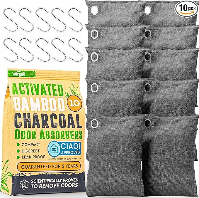 Activated Charcoal Odor Absorber 10x3.5oz w Hooks. Nature Fresh Bamboo Charcoal Air Purifying Bag... | Amazon (US)