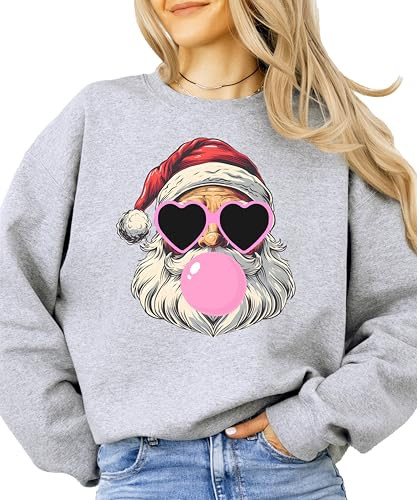 Olive Loves Apple Santa Blowing Pink Bubble Gum Sweatshirt Cool Santa Claus in Pink Heart Sunglasses Pullover Gray Sweatshirt Adult Medium | Amazon (US)