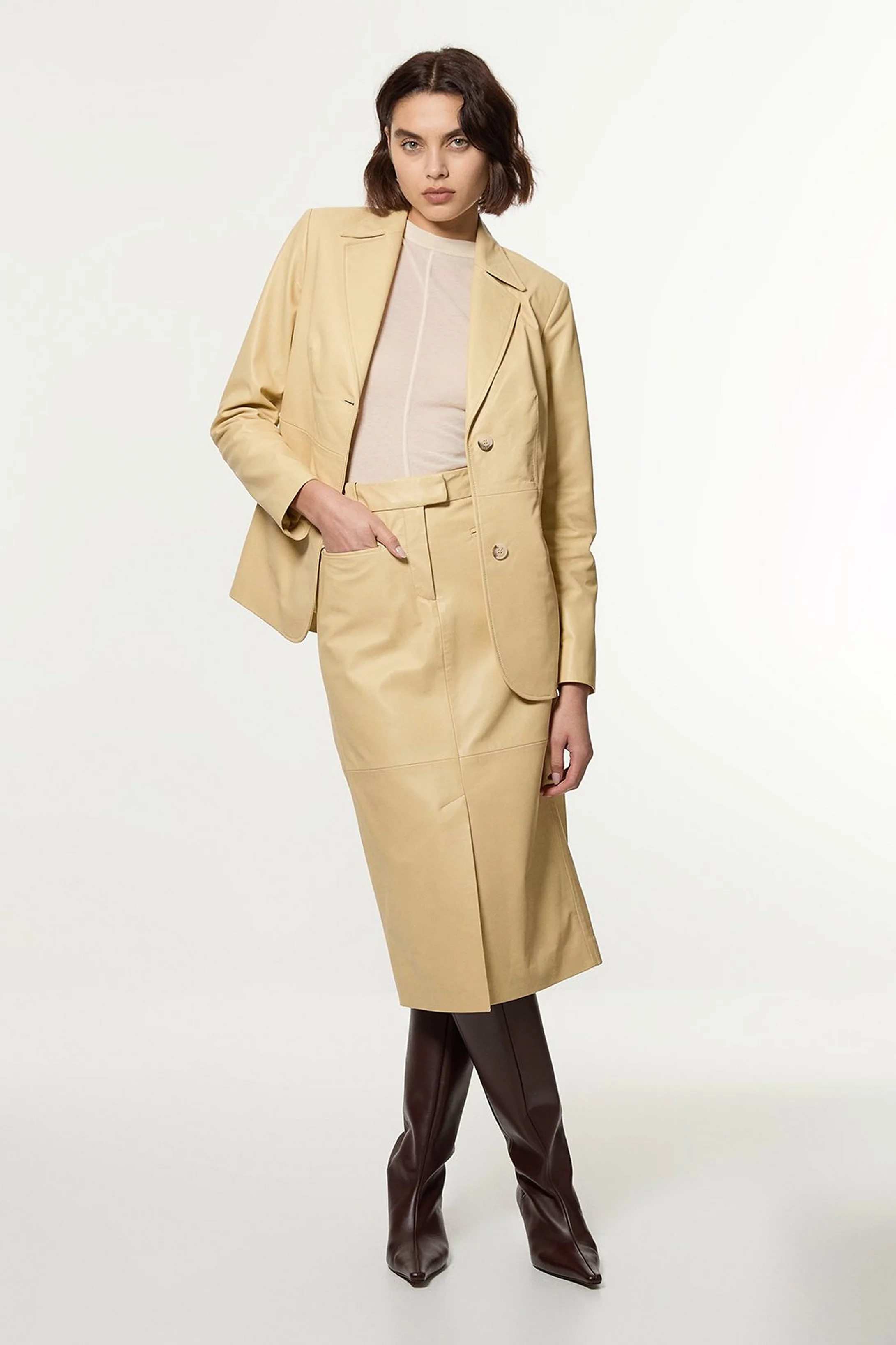 Leather Tailored Pencil Midi Skirt | Karen Millen | Karen Millen US