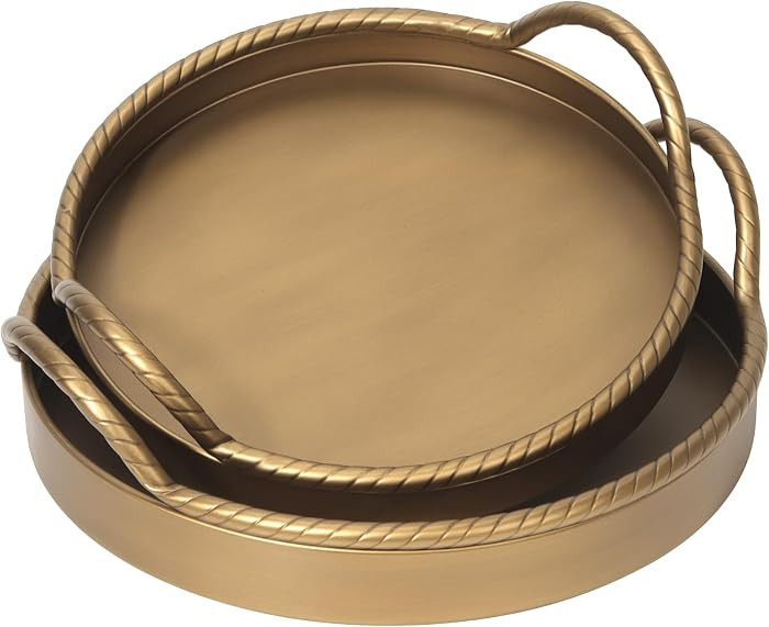 Antique Gold Metal Decorative Tray Set of 2, 11.8"/10.2" Round Serving Trays with Handles, Vintag... | Amazon (US)