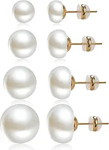 4 Pairs Pearl Stud Earrings 14K Plated Gold Sterling Silver Hypoallergenic Earring stud Large siz... | Amazon (US)