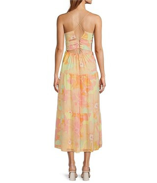 Orchid Floral Print Plunging V-Neck Sleeveless Tiered Back Detail Empire Midi Dress | Dillard's